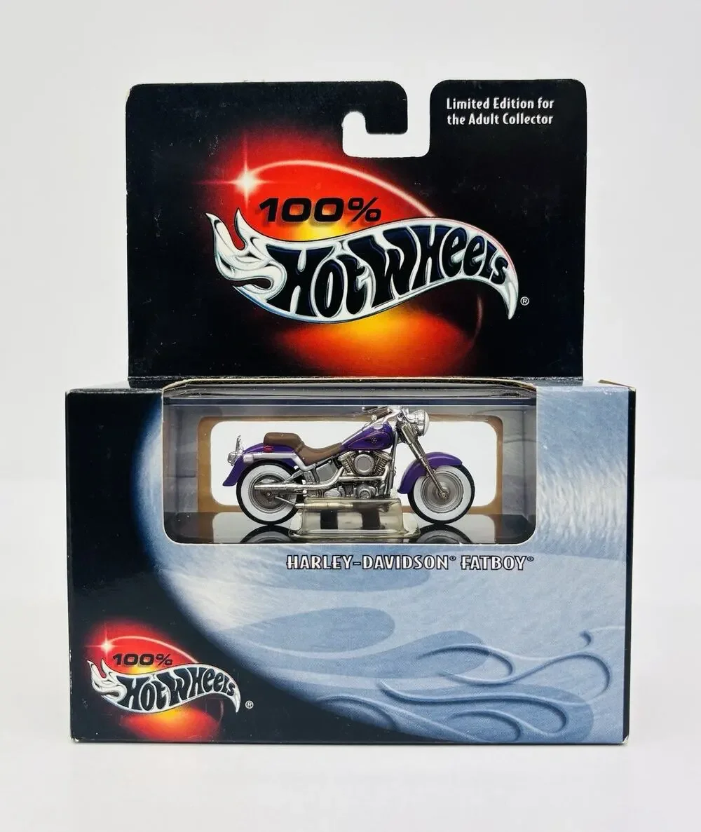 100% Hot Wheels Harley Davidson Fatboy Motorcycle Purple 29709 Black Box Sealed